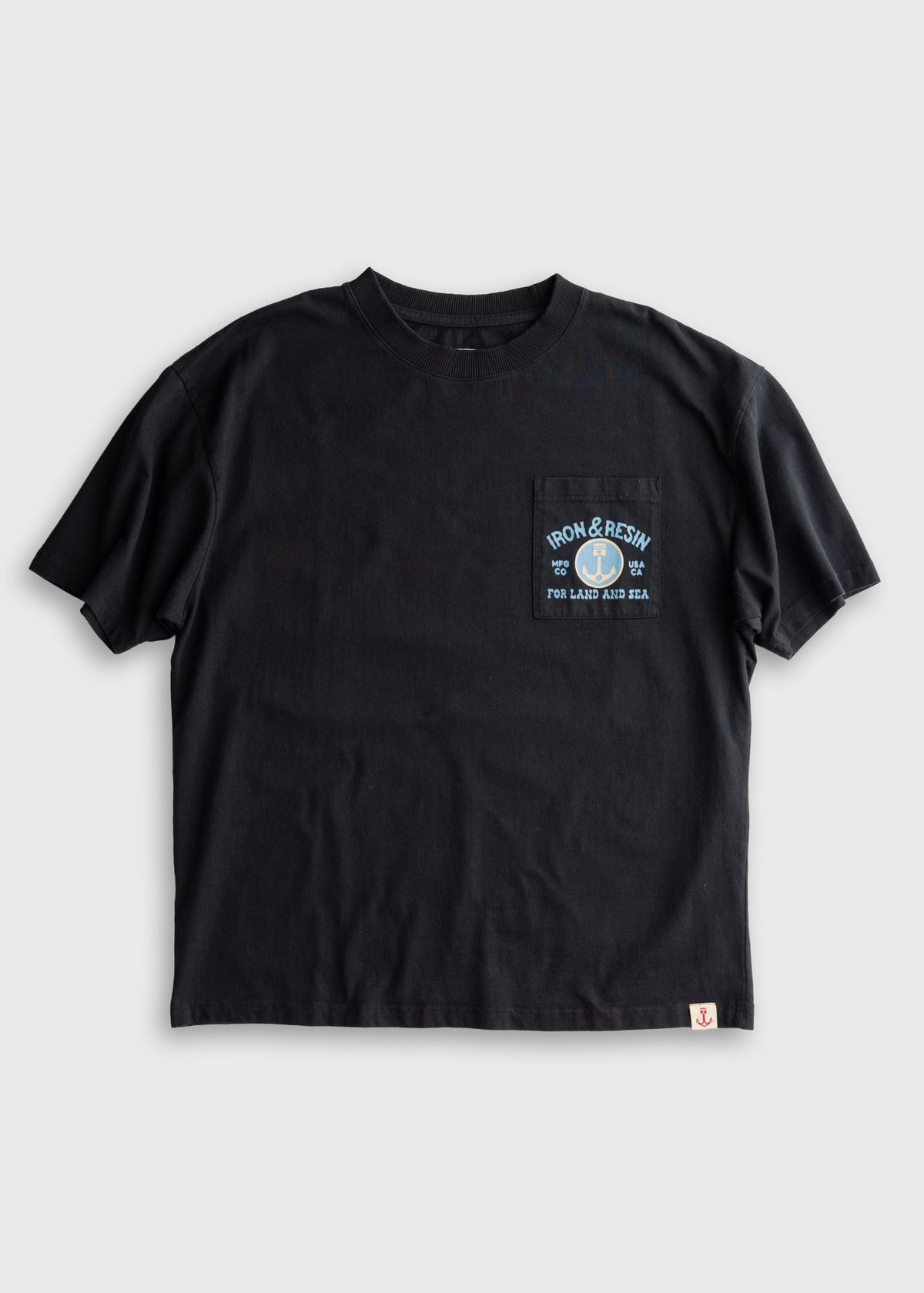 Men’s 7.5 oz heavyweight jersey cotton t-shirt in Black with chest pocket, boxy fit and custom graphic print, durable everyday tee with relaxed workwear style and soft finish