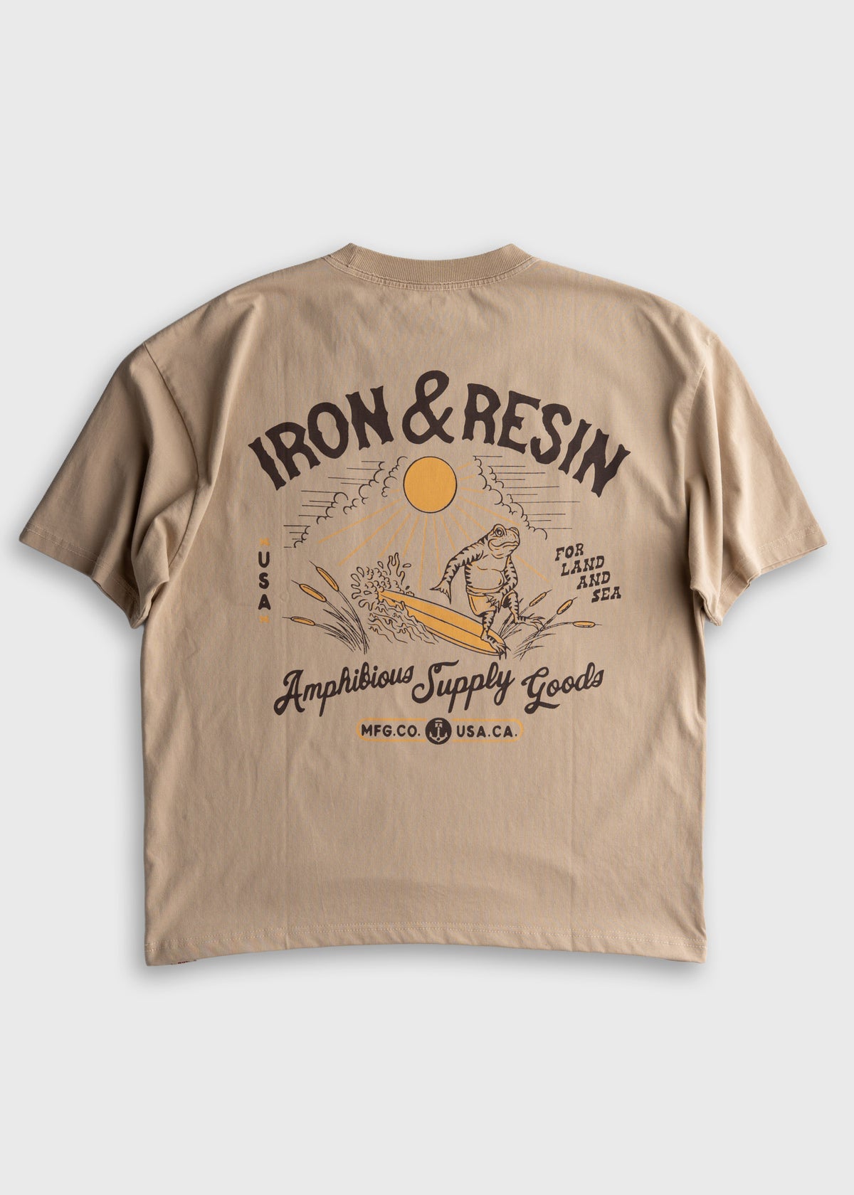 Men’s 7.5 oz heavyweight jersey cotton t-shirt in Tan with boxy fit and custom graphic print, durable everyday tee with relaxed workwear style and soft finish