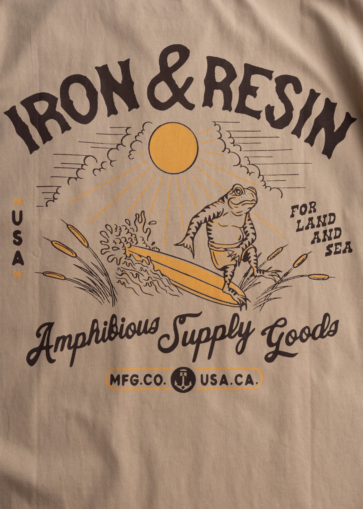 Men’s 7.5 oz heavyweight jersey cotton t-shirt in Tan with chest pocket and custom graphic print