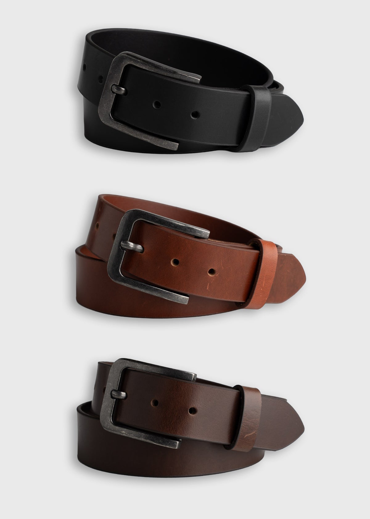 Three leather belts in black, brown, and dark brown with metal buckles are displayed vertically on a plain background.