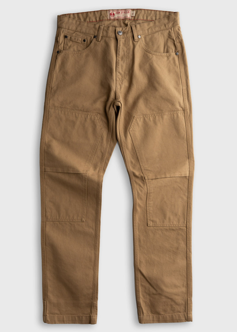 Brown work pants with reinforced knees and multiple pockets, displayed flat on a white background.