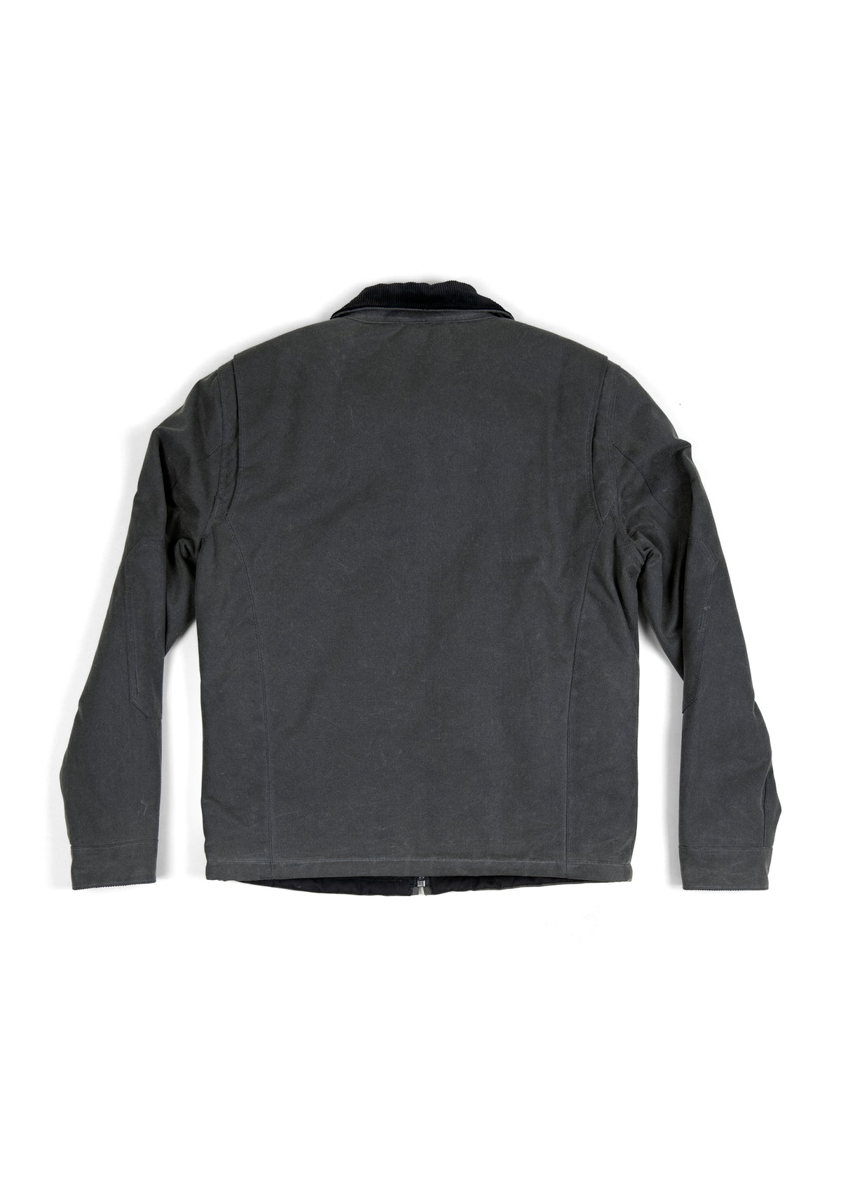 Back view of a dark gray jacket with long sleeves and a black collar, displayed on a white background.