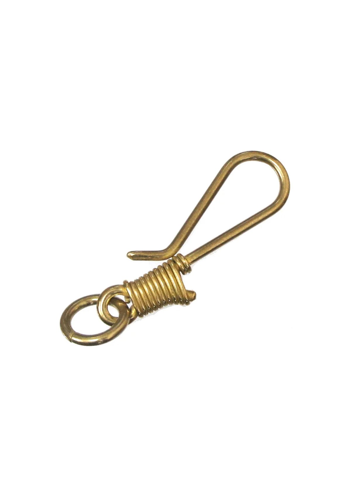 Brass snap hook with a coiled spring design and a circular ring, used for securing items.