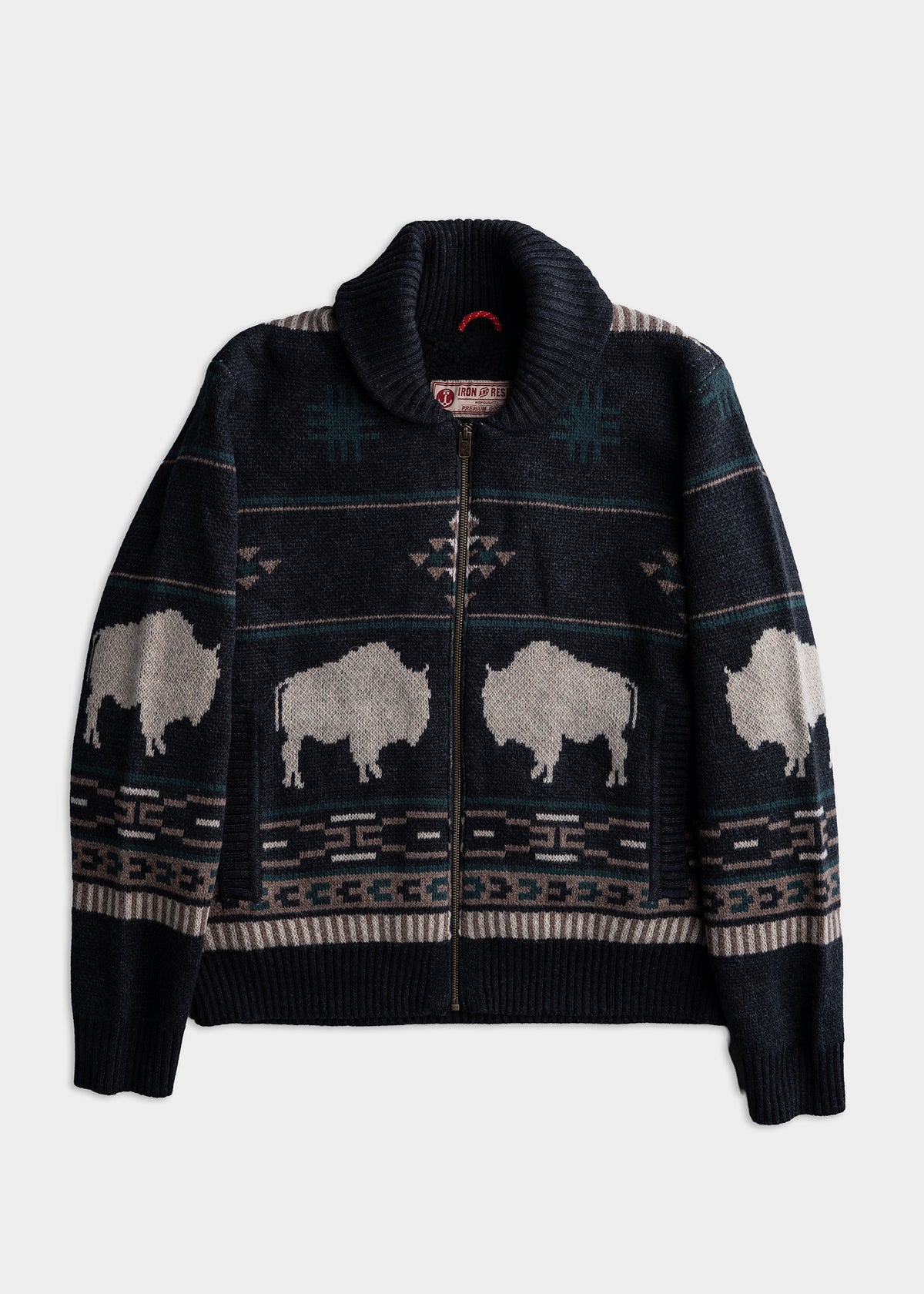 Dark wool sweater with bison and geometric patterns, featuring a zip closure and ribbed collar, on a plain background.