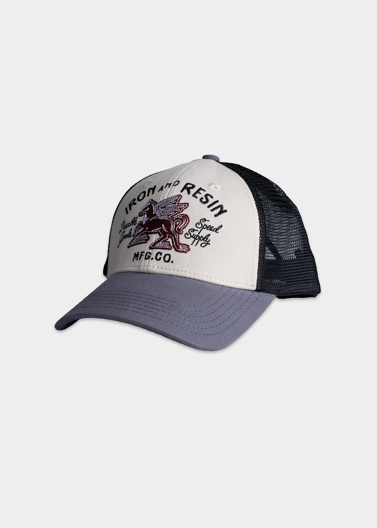 Gray and white trucker hat with "Iron and Resin" text and winged horse logo, featuring mesh back and curved brim.