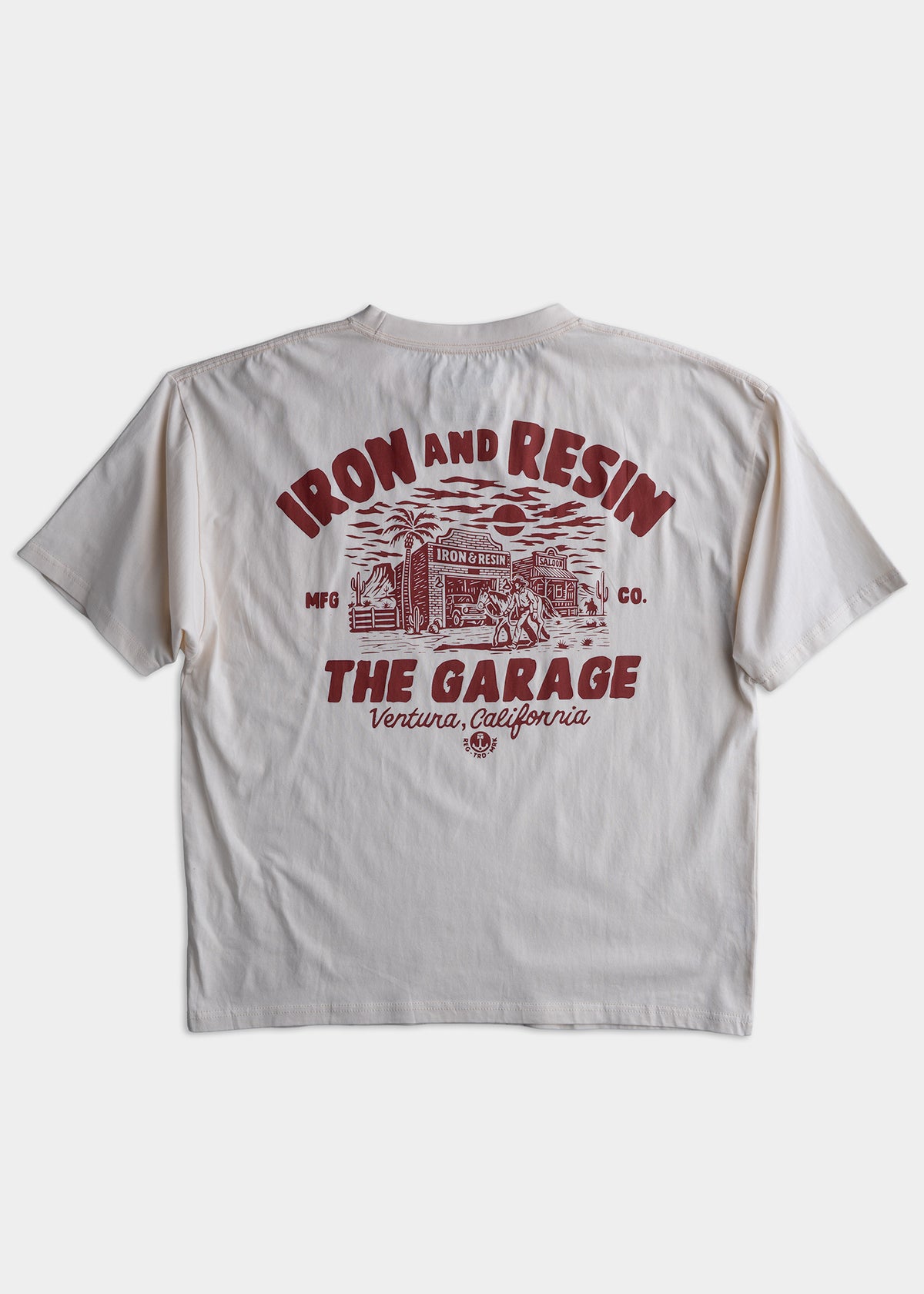 White T-shirt with red "Iron and Resin" graphic, featuring a garage scene and "Ventura, California" text on the back.