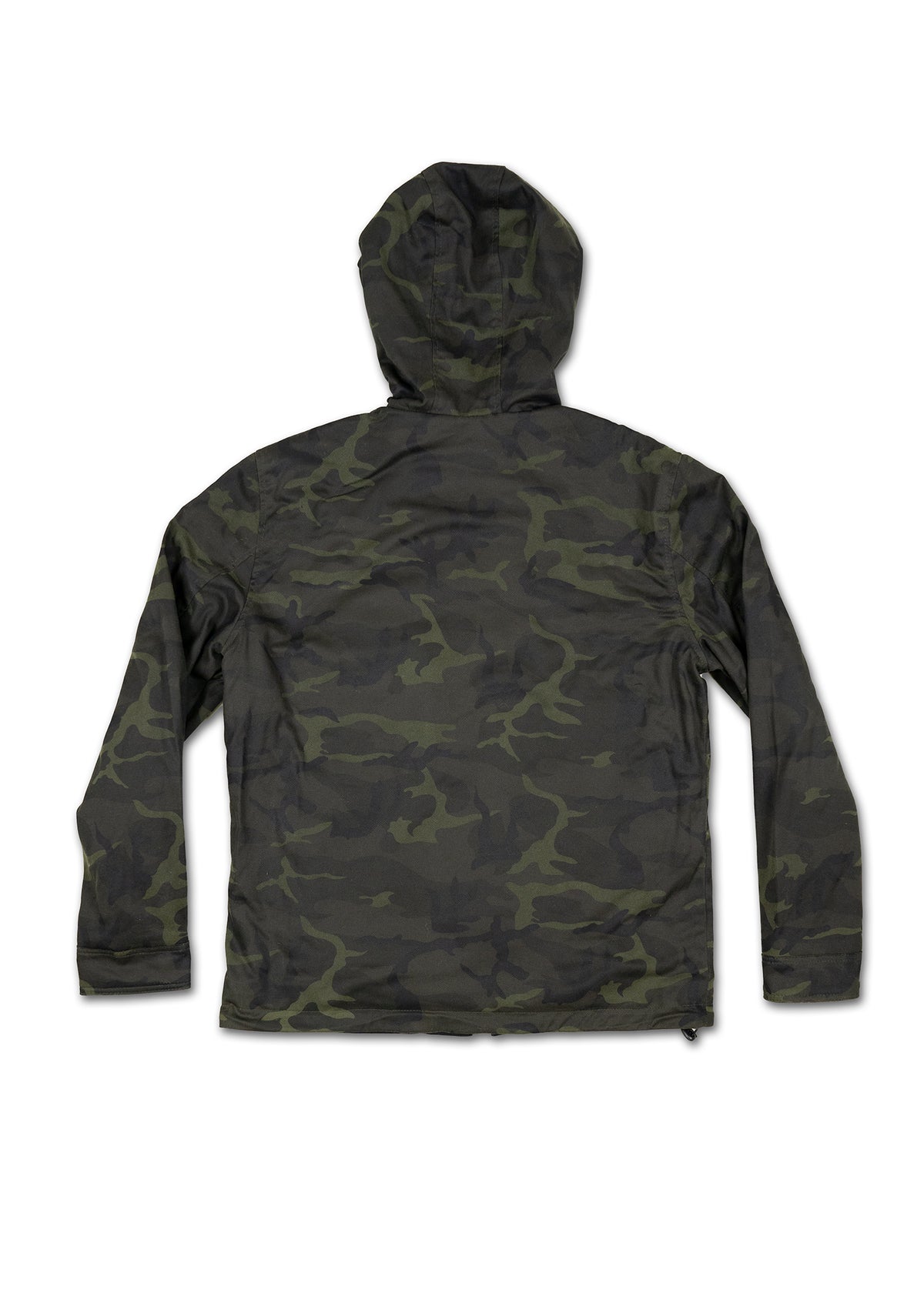 Camouflage jacket with hood, displayed flat, showing back view. Dark green and black pattern on a white background.