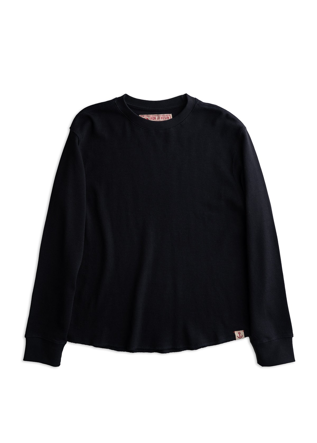 Black long-sleeve thermal shirt with a crew neck, featuring a small anchor tag at the hem, displayed on a white background.