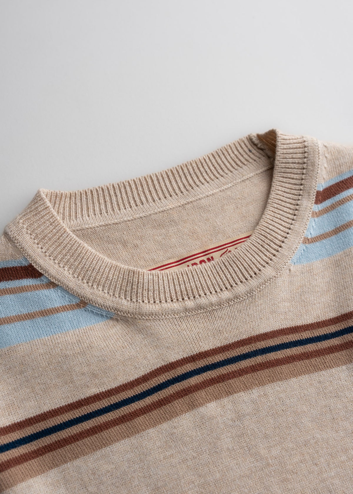 Close up of neck and knit pattern detail on shirt, highlighting weave and vintage inspired texture