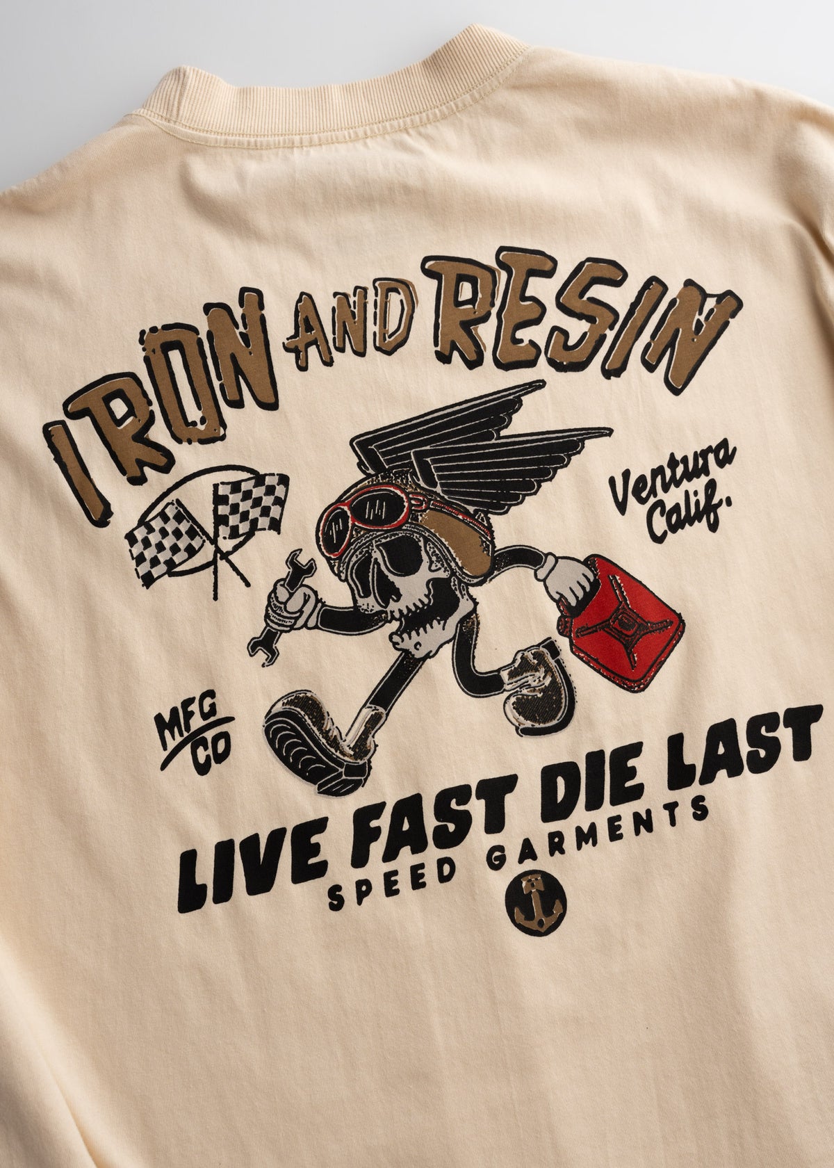Close up of custom graphic print on long sleeve cotton t shirt, highlighting print detail and finish