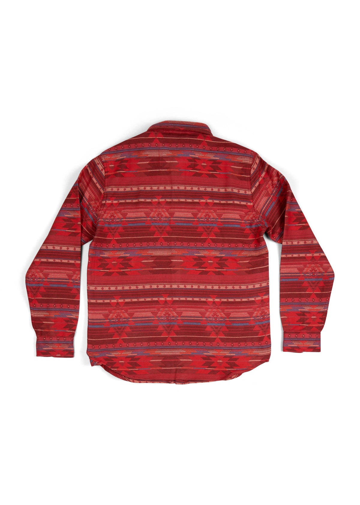 Red long-sleeve shirt with geometric patterns, featuring horizontal stripes and diamond shapes, laid flat on a white background.
