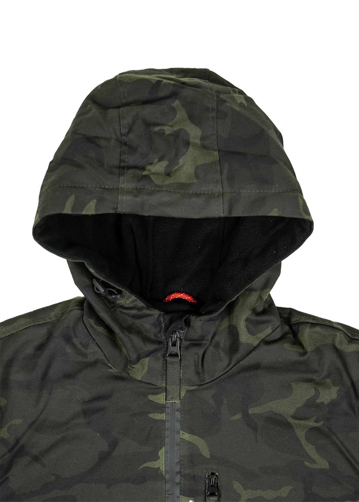 Camouflage jacket with hood, featuring a front zipper and subtle green and black pattern, ideal for outdoor activities.
