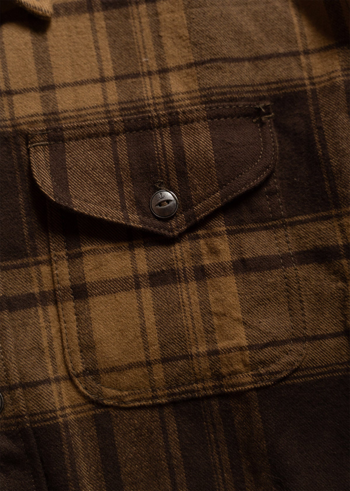 Close-up of a brown plaid shirt pocket with a button, showcasing the fabric texture and pattern in warm lighting.