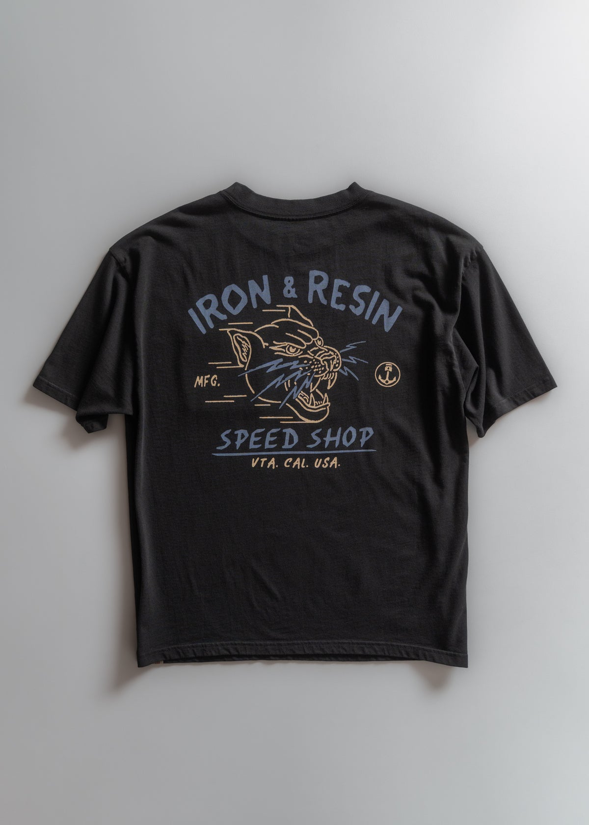 Black T-shirt with "Iron & Resin Speed Shop" text, featuring a roaring panther graphic. Located in VTA, CAL, USA.