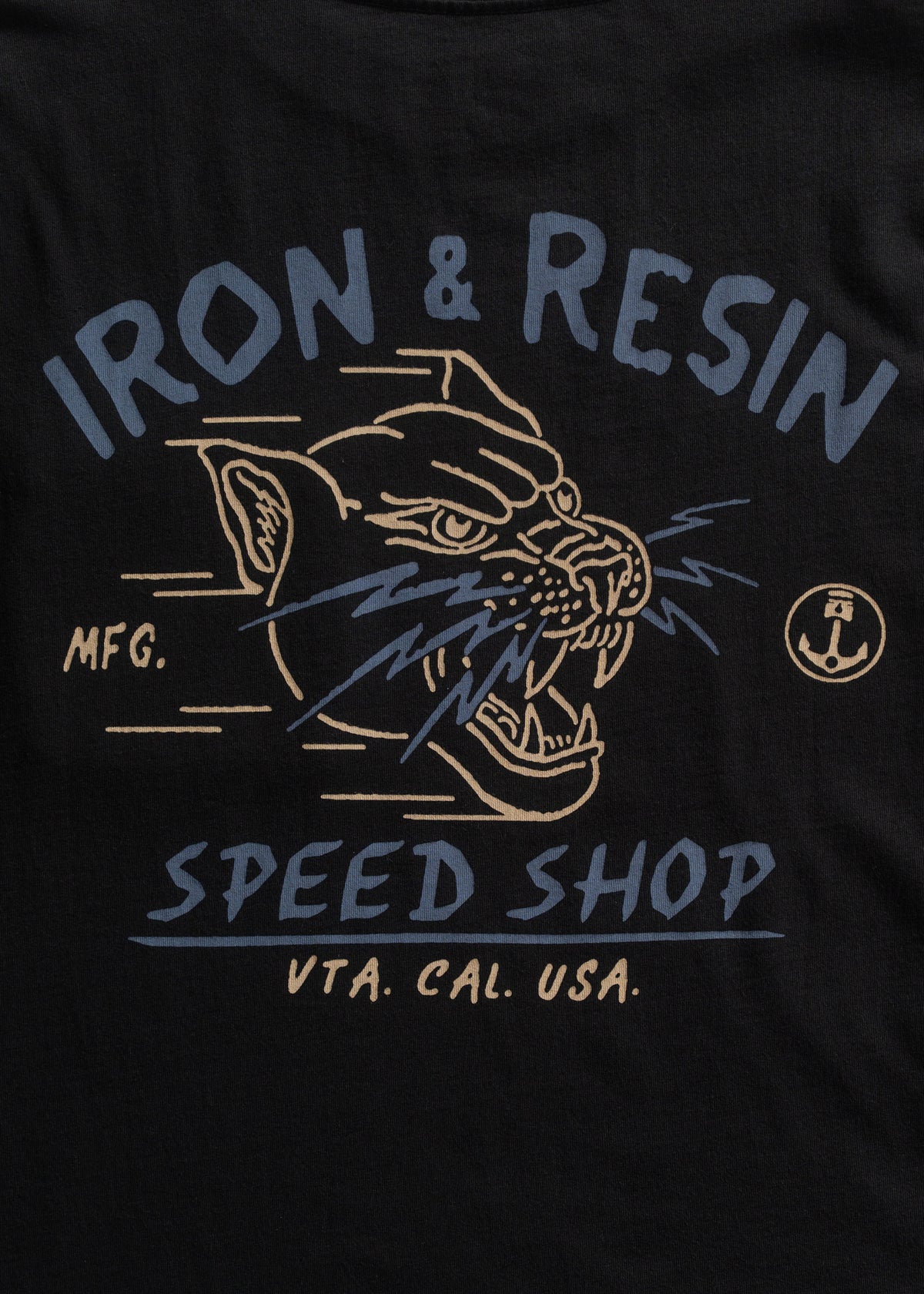 Black shirt with "Iron & Resin Speed Shop" design featuring a roaring panther and anchor logo, VTA CAL USA text below.