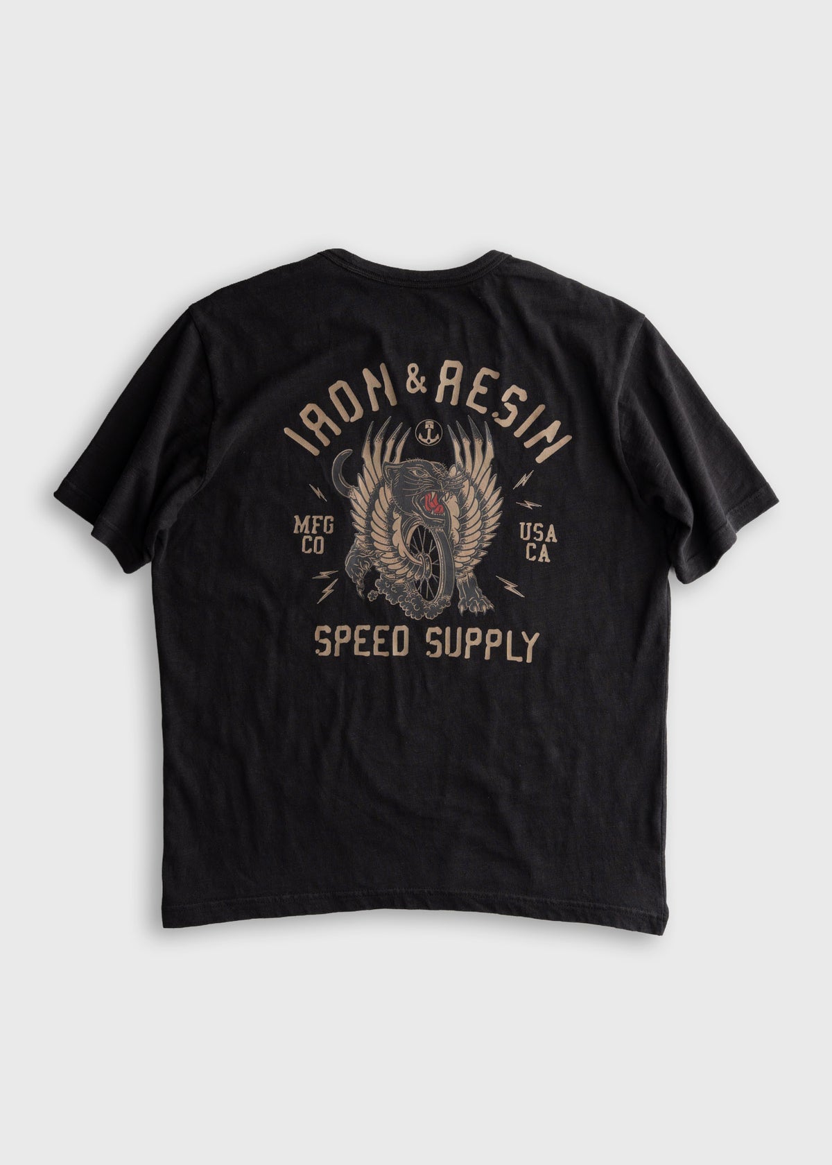 Black t-shirt with "Iron & Resin" logo, featuring a winged serpent design and "Speed Supply" text, on a plain background.