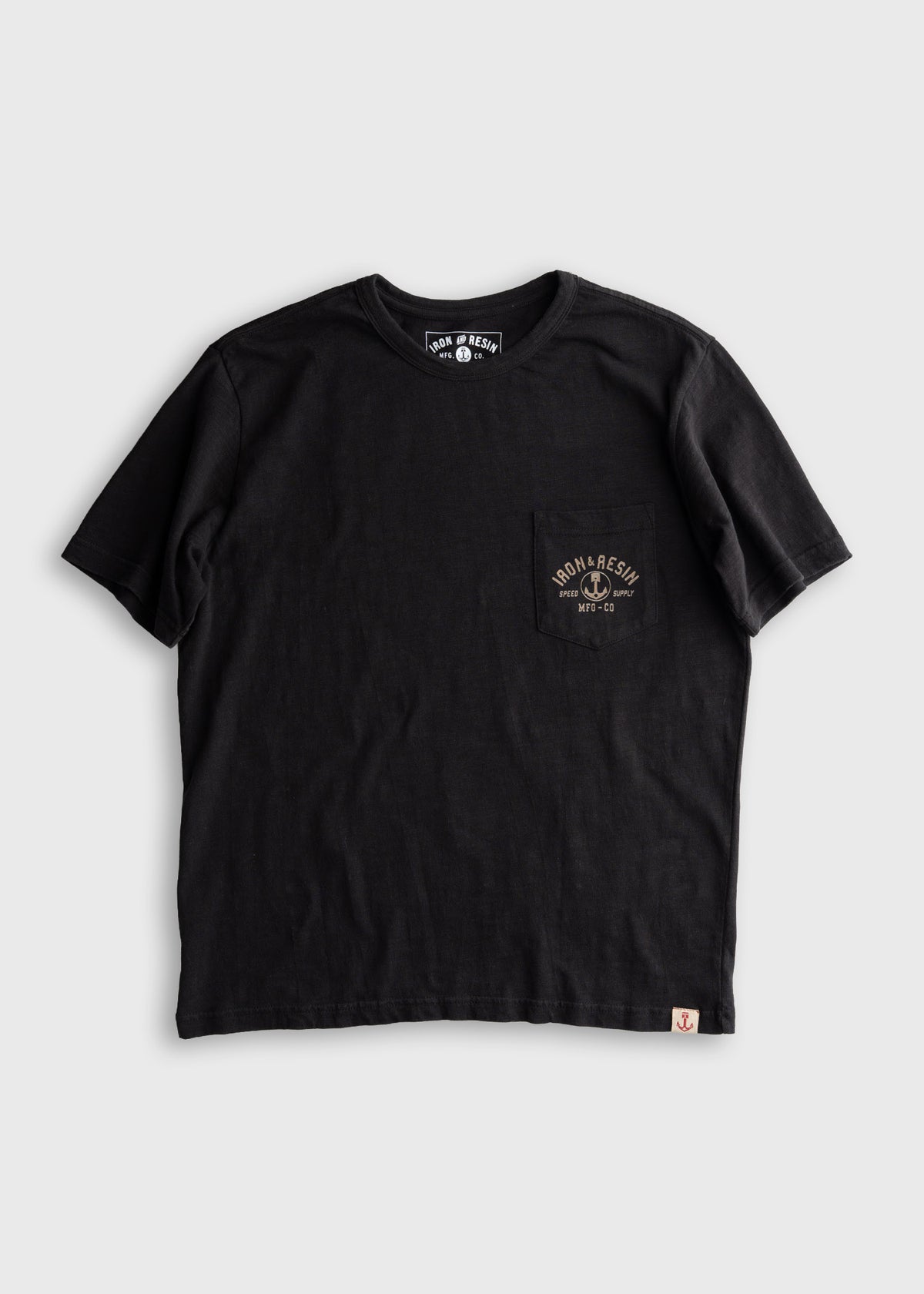 7.5 oz 100% Combed Cotton t-shirt in Black, with custom graphic and chest pocket