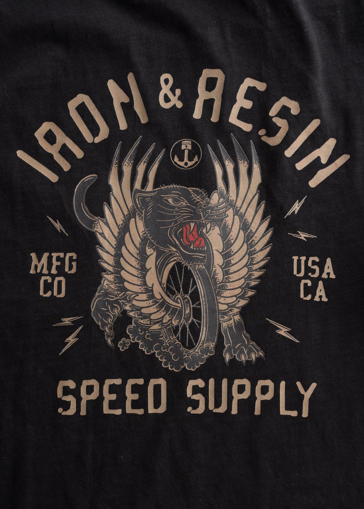 7.5 oz 100% Combed Cotton t-shirt in Black, close-up shot to showcase fabric detail and graphic