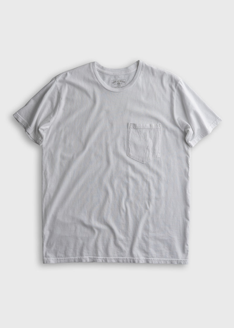 White T-shirt with a chest pocket on a plain background, showcasing simple design and casual style.