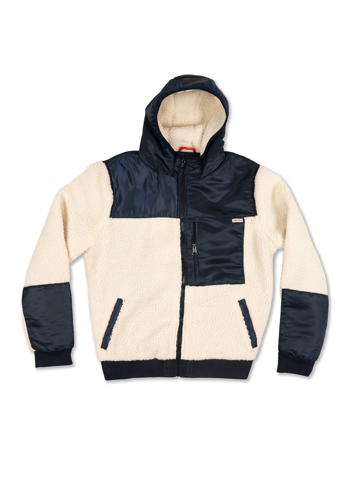 Cream sherpa jacket with navy accents, hood, and zippered pocket. Stylish and warm outerwear for chilly weather.