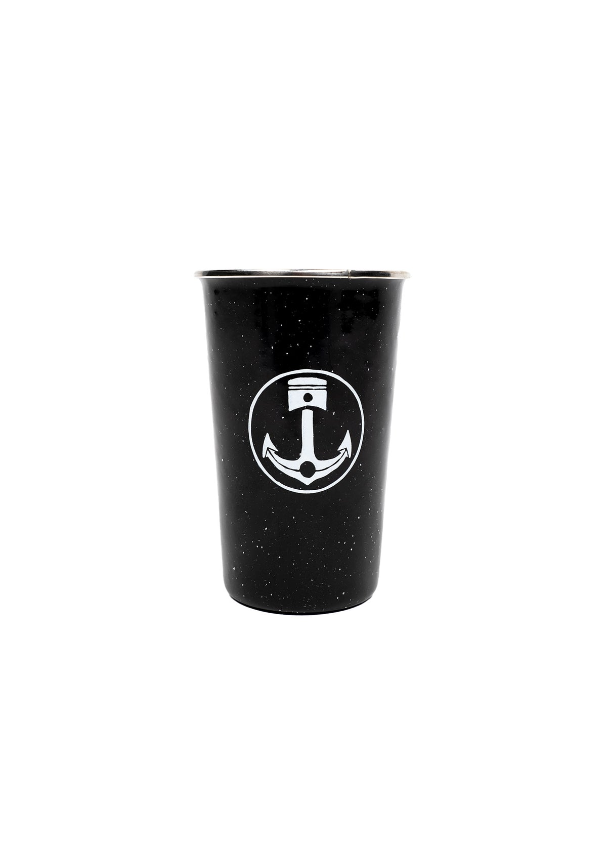 Black speckled cup with a white anchor logo centered on the front, set against a plain white background.