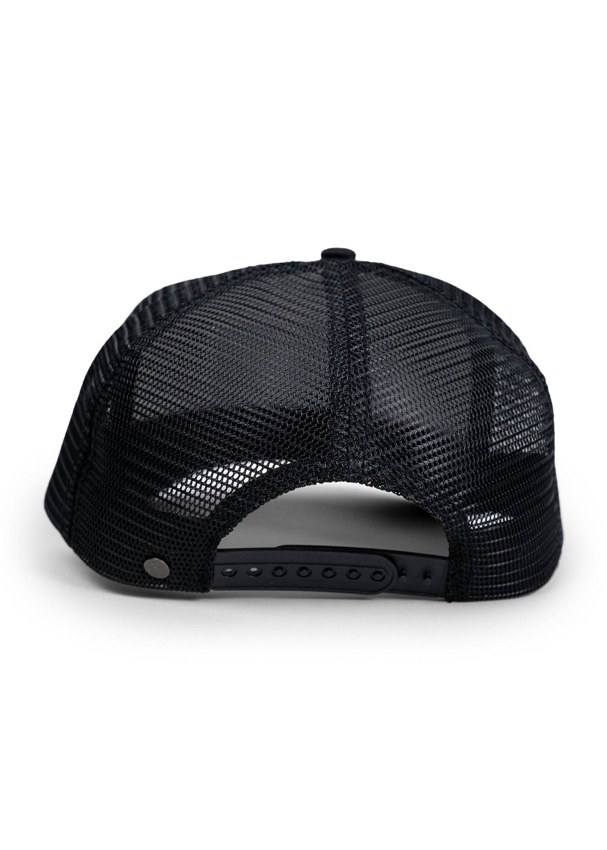 Black mesh trucker hat viewed from the back, showing adjustable snap closure and breathable design.