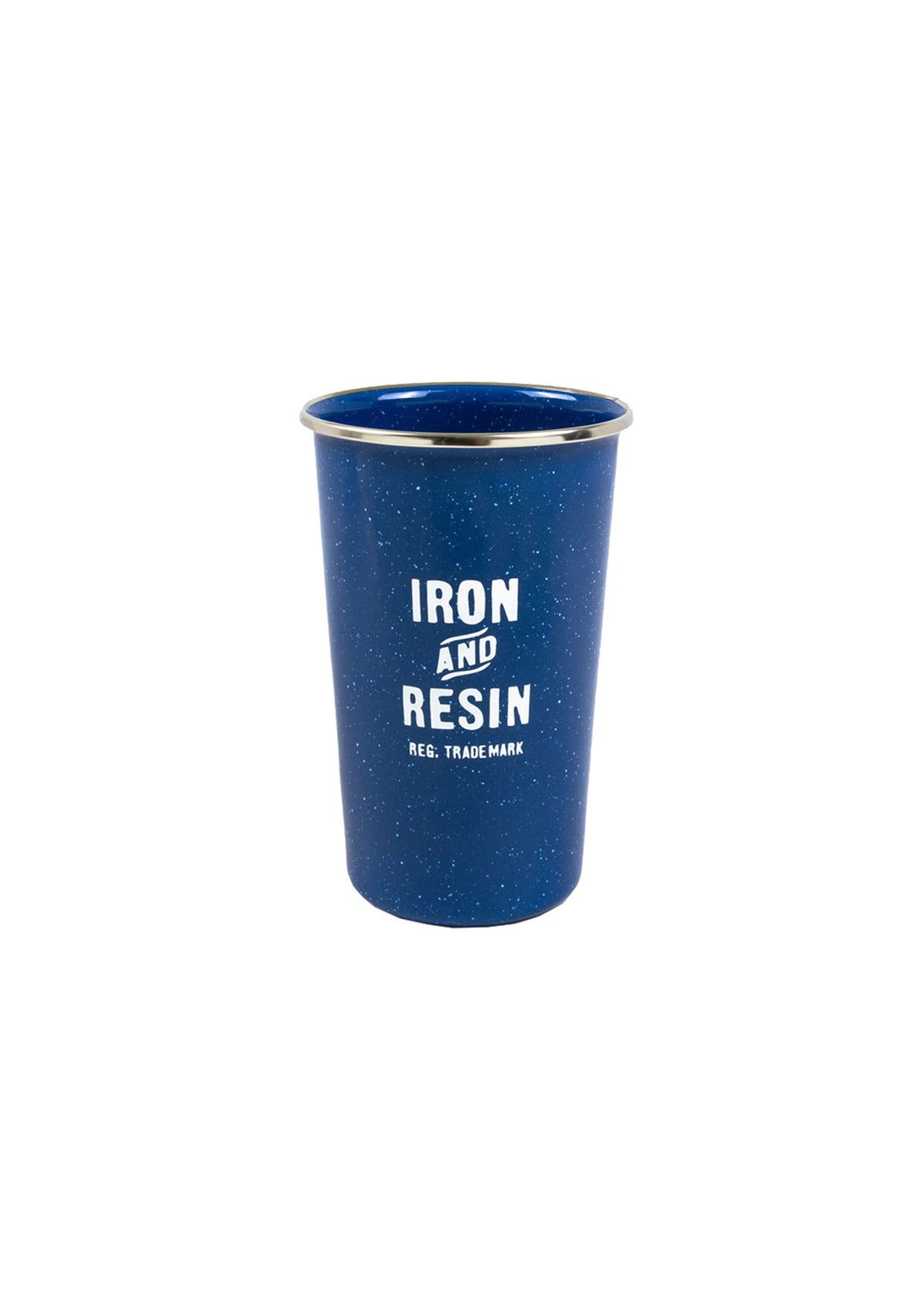 Blue enamel cup with "Iron and Resin" logo in white, featuring a speckled pattern and metallic rim, isolated on white background.