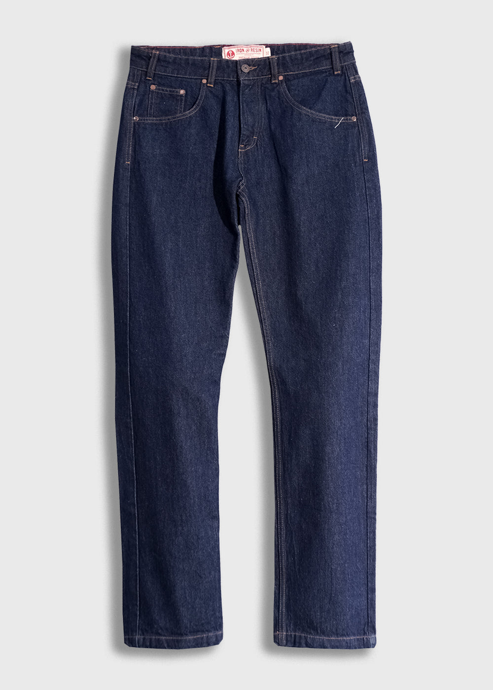 Dark blue denim jeans with a classic five-pocket design, button closure, and visible stitching, displayed on a light background.