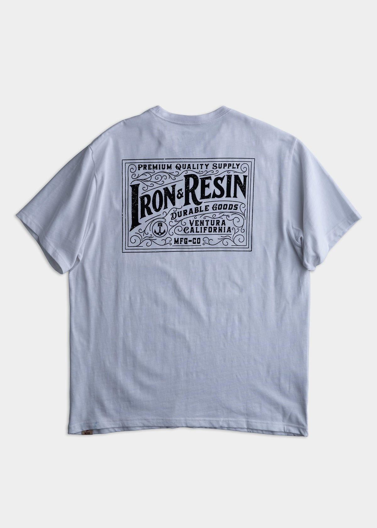 White T-shirt with "Iron & Resin" logo and text, "Premium Quality Supply, Durable Goods, Ventura California" on the back.