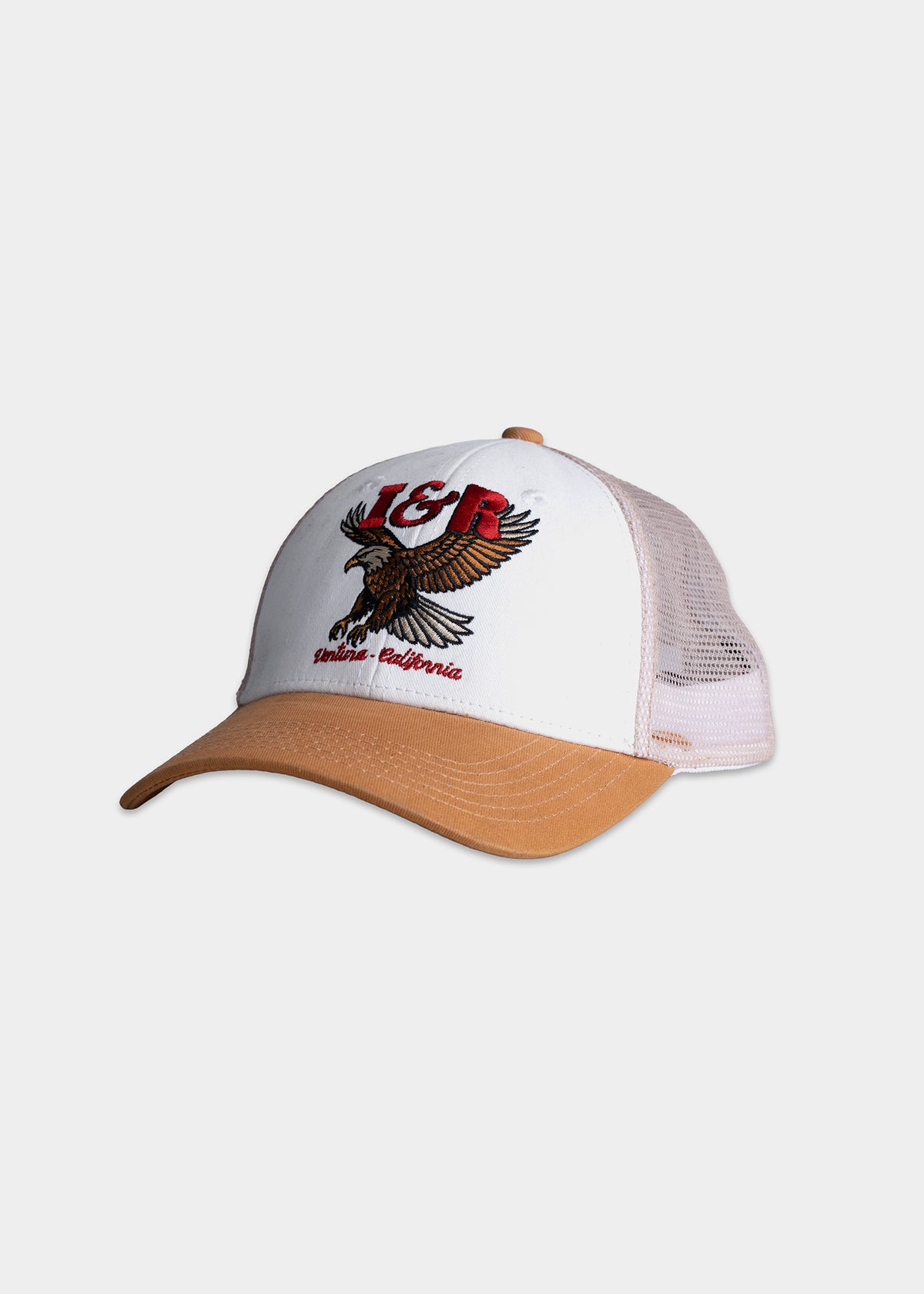 Trucker cap with eagle and "L&R" logo, featuring a tan brim and mesh back, labeled "Ventura, California.