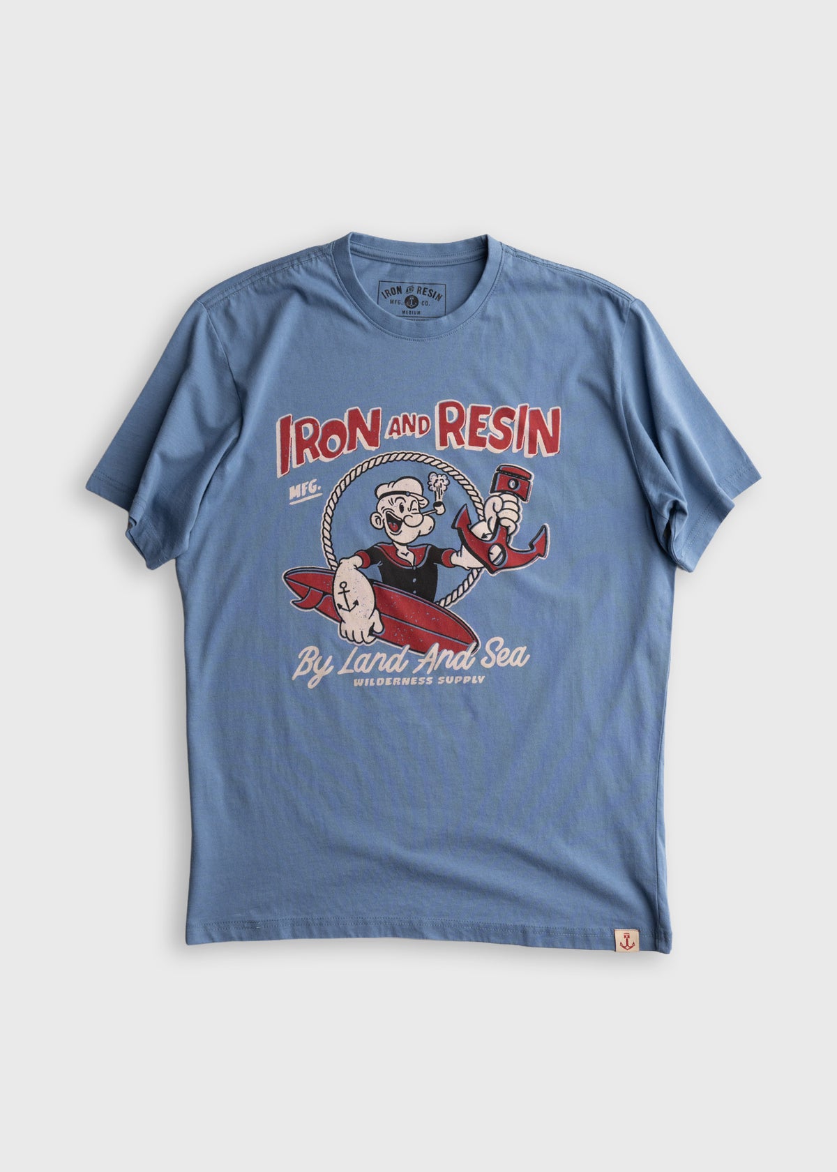 Men’s organic cotton t-shirt in light blue, with custom graphic print and soft feel, lightweight everyday tee