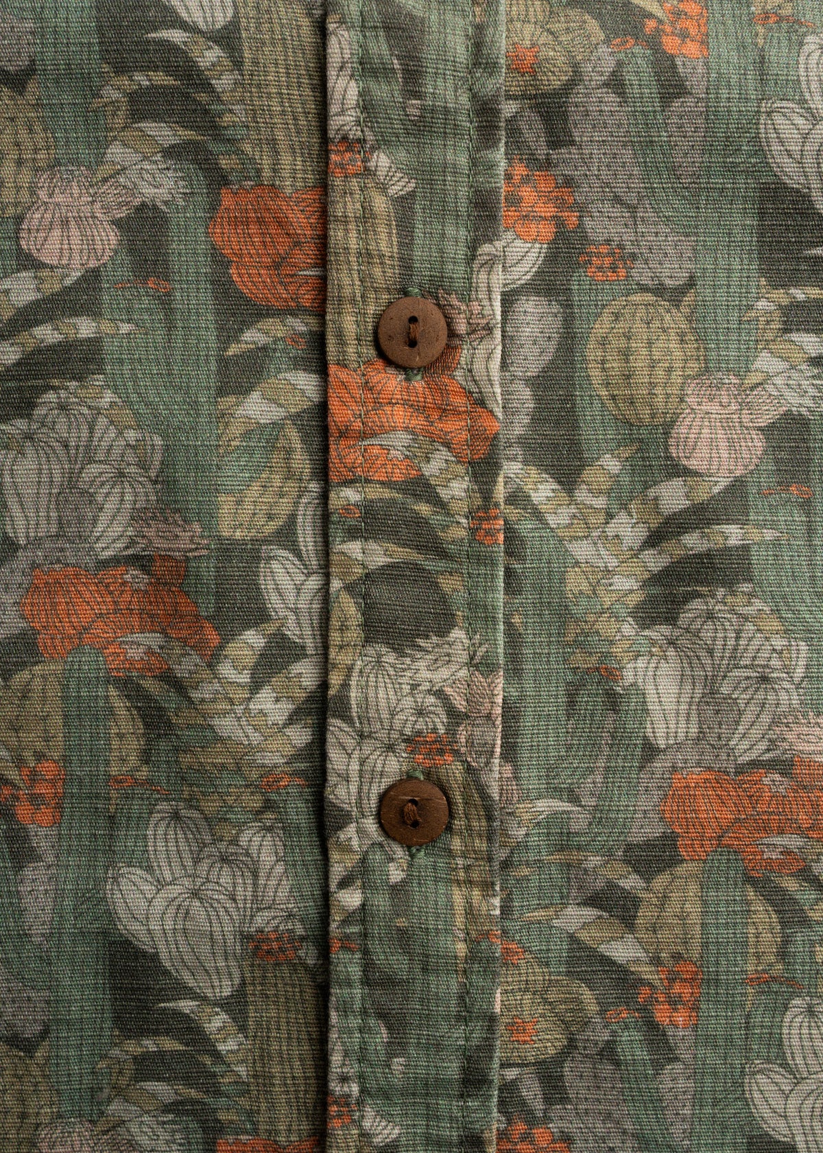 Lightweight breathable men’s cotton hemp blend button up shirt with custom graphic, buttons, locker loop at collar and relaxed fit, everyday summer workwear staple