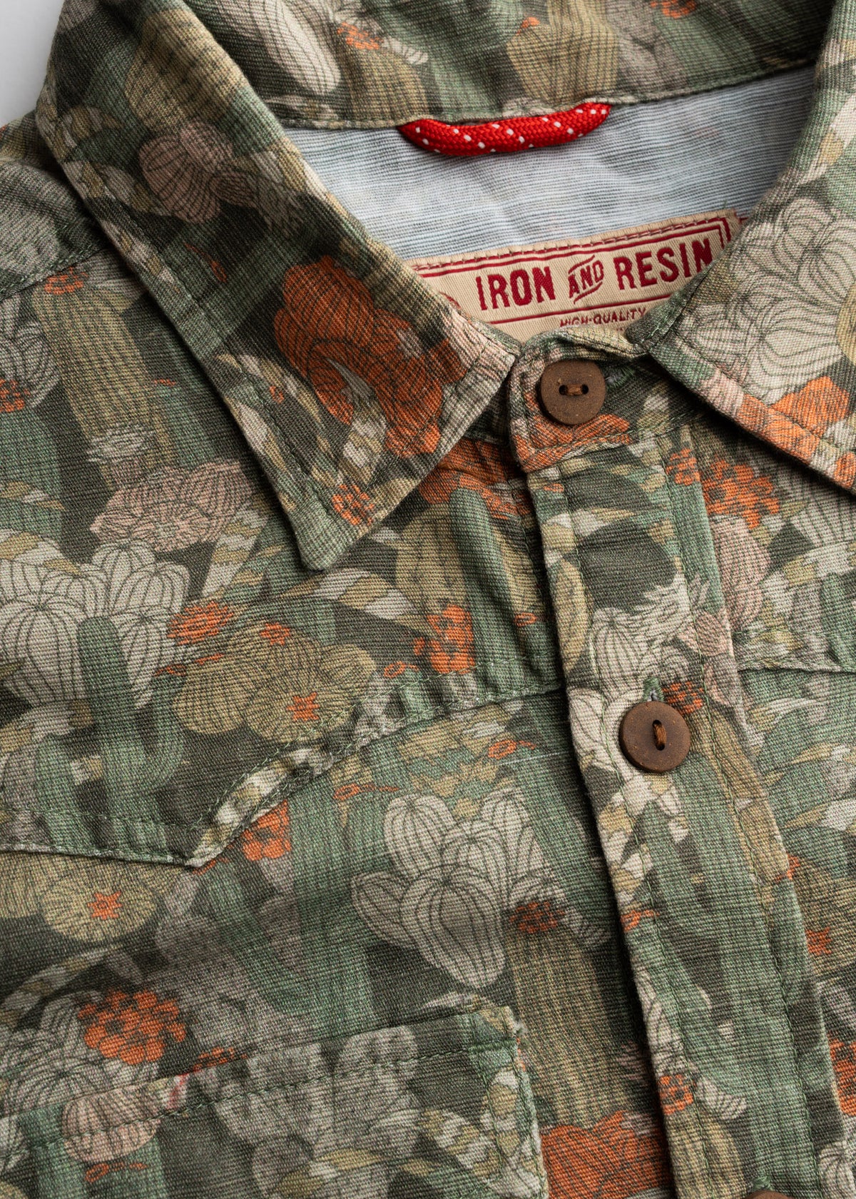 Lightweight breathable men’s cotton hemp blend button up shirt with custom graphic, buttons, locker loop at collar and relaxed fit, everyday summer workwear staple