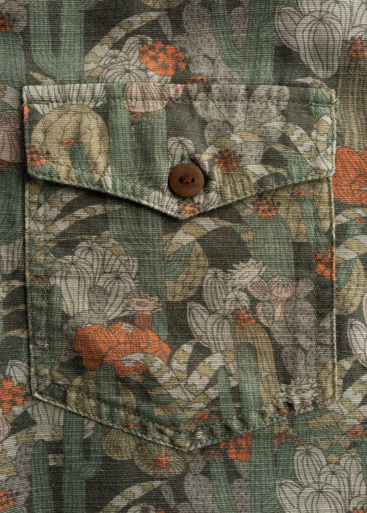 Lightweight breathable men’s cotton hemp blend button up shirt with custom graphic, buttons, locker loop at collar and relaxed fit, everyday summer workwear staple