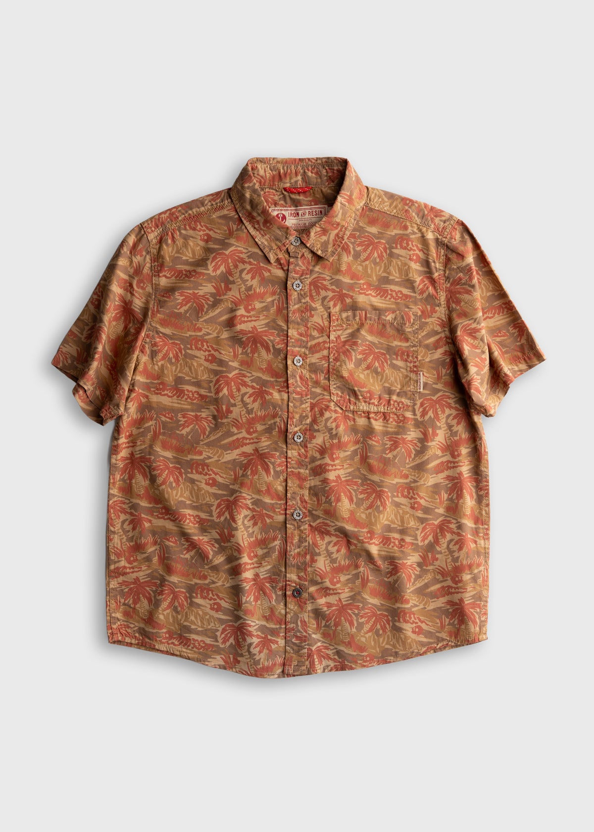 Men’s poplin cotton button up shirt with custom camo print and metal buttons, lightweight breathable workwear shirt with clean everyday fit
