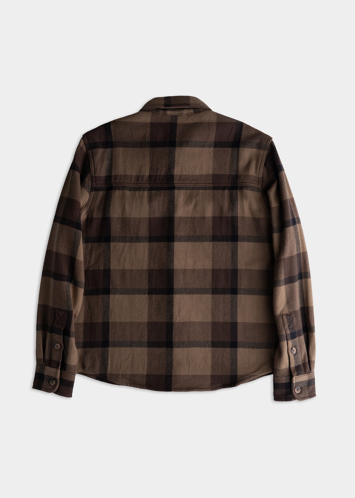 Brown plaid flannel shirt shown from the back, featuring long sleeves and buttoned cuffs, set against a plain white background.
