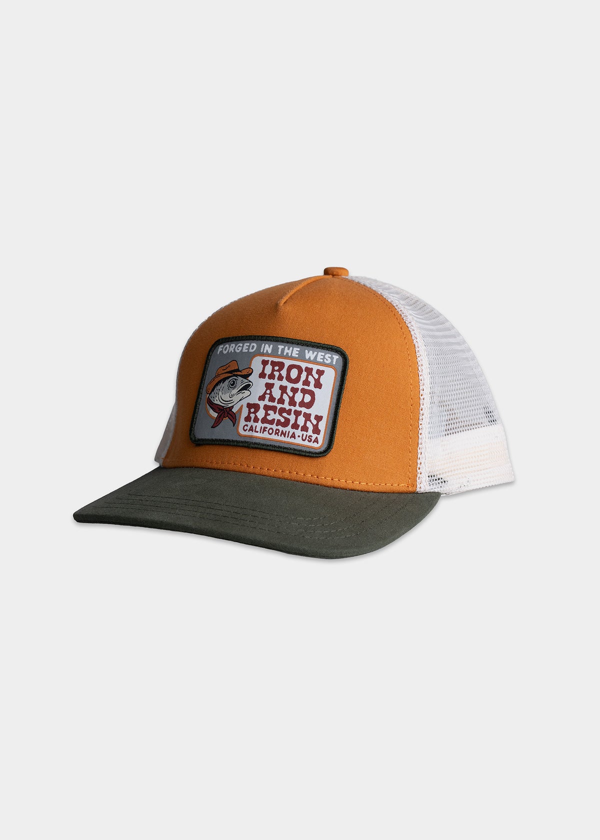 Orange and green trucker hat with "Iron and Resin" patch, featuring a fish design. White mesh back, casual outdoor style.