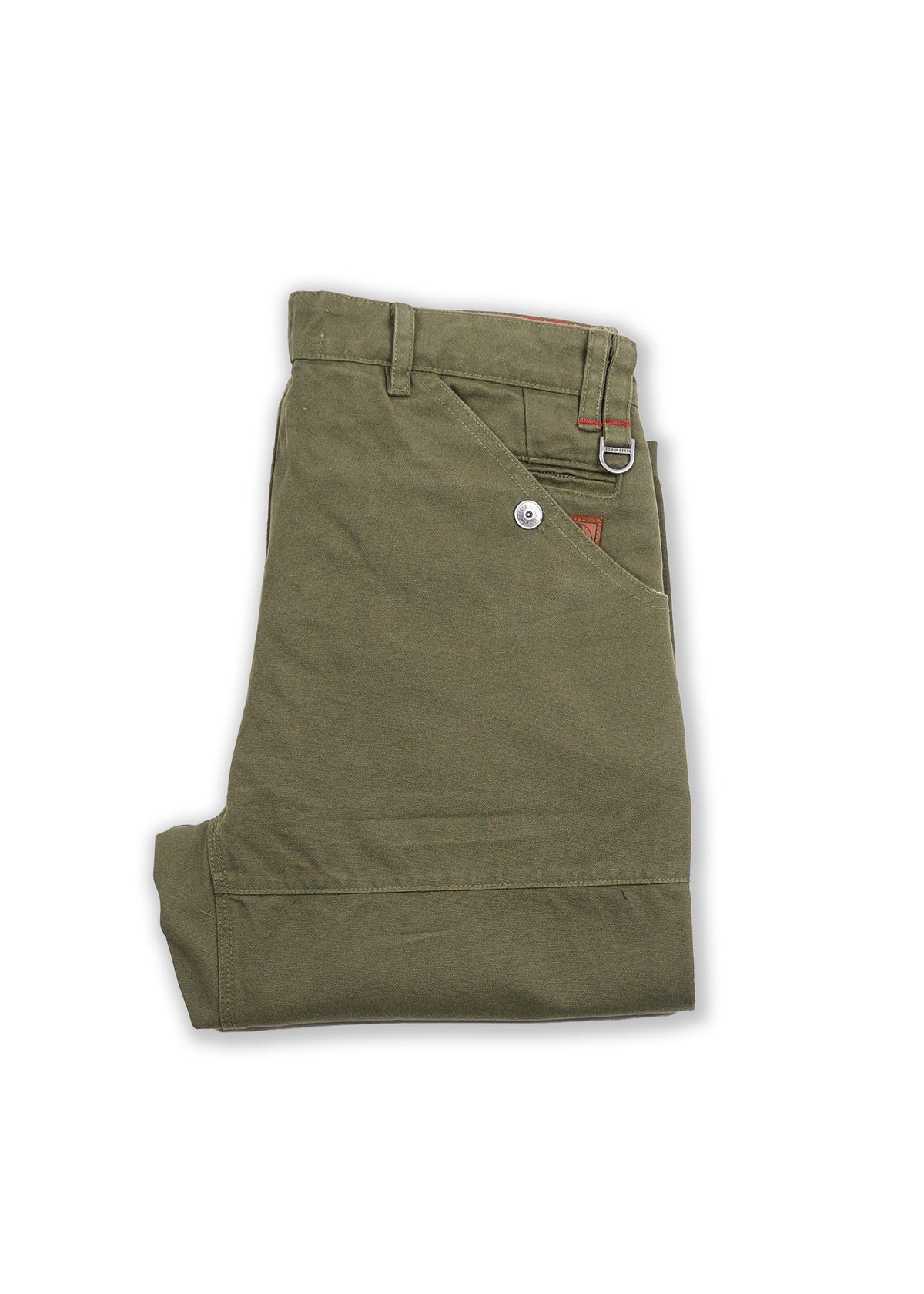 Folded olive green pants with a buttoned pocket and belt loop detail, neatly arranged on a white background.