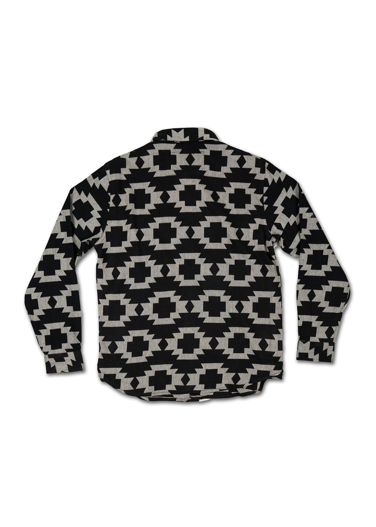 Black and gray geometric patterned long-sleeve shirt, viewed from the back, on a white background.