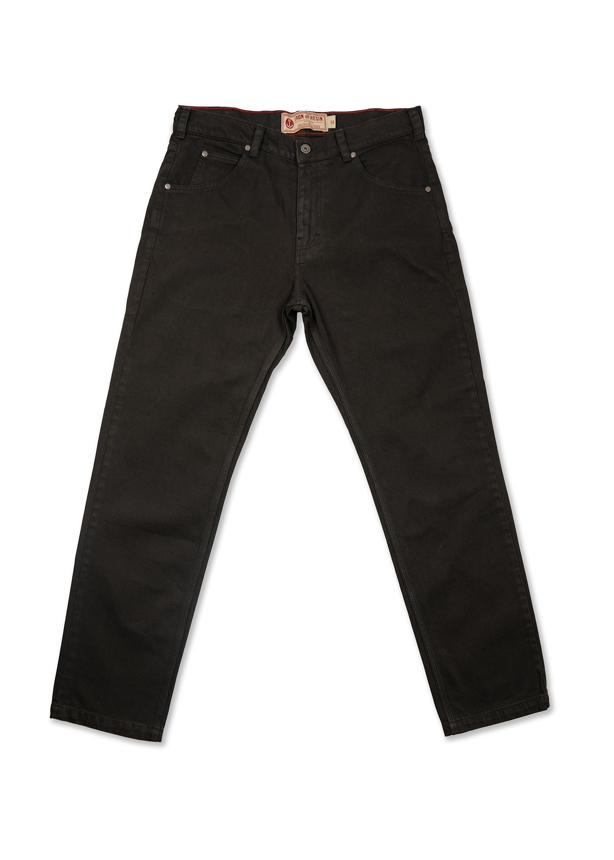 Black jeans with a classic five-pocket design, button closure, and belt loops, laid flat on a white background.