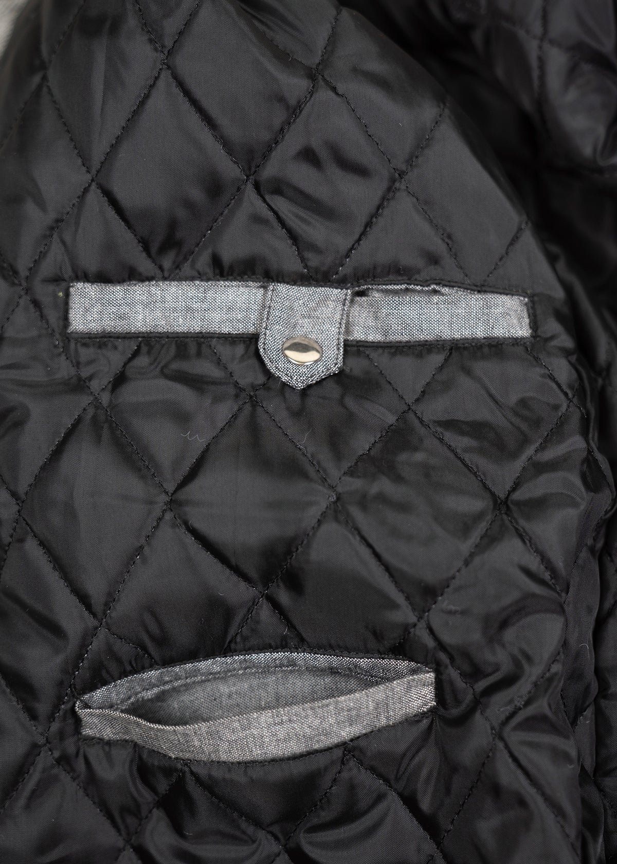 Quilted black fabric with a buttoned strap and open pocket, showcasing detailed stitching and texture.