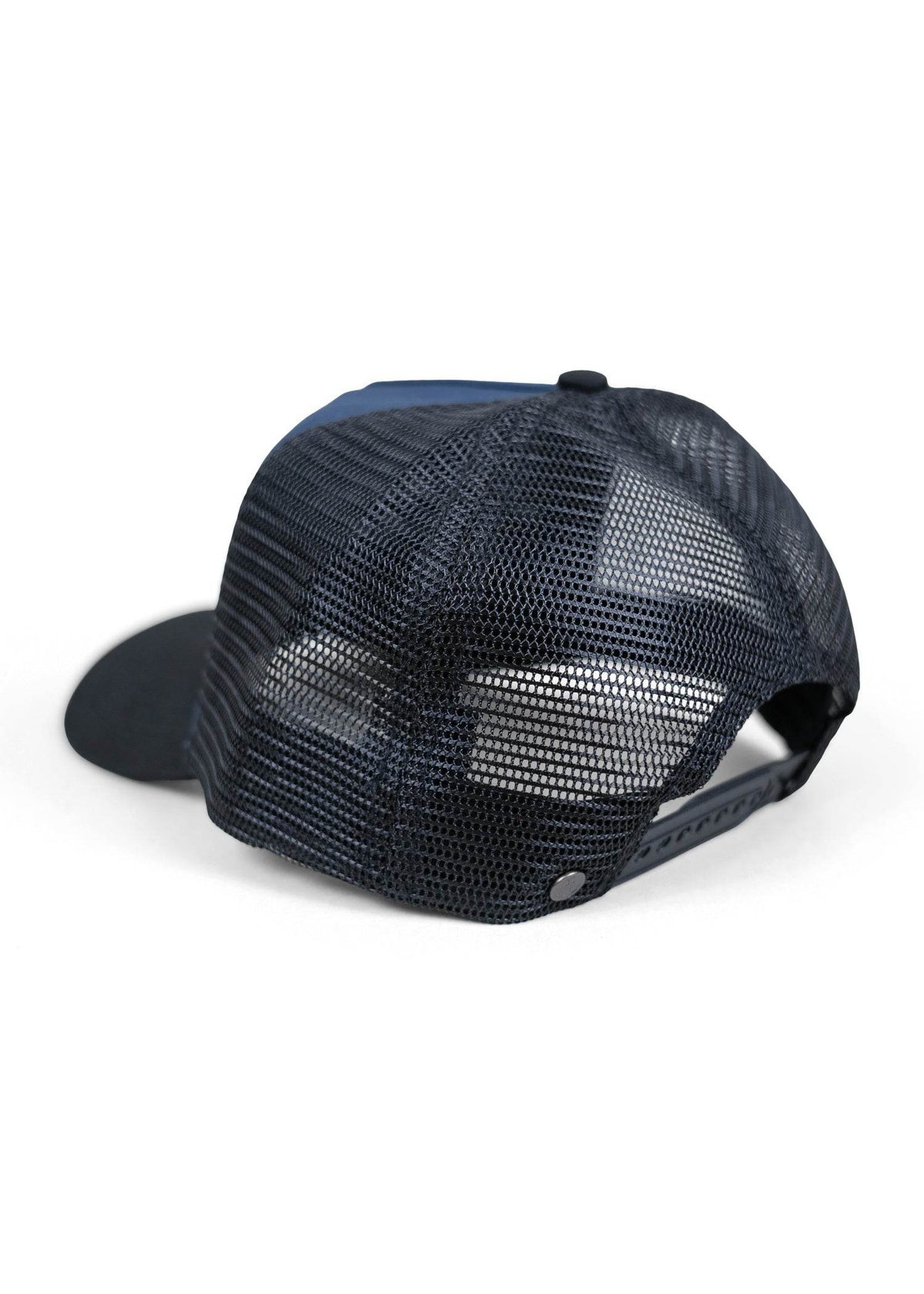 Black mesh trucker cap with adjustable snapback, viewed from the back, showcasing its breathable design on a white background.