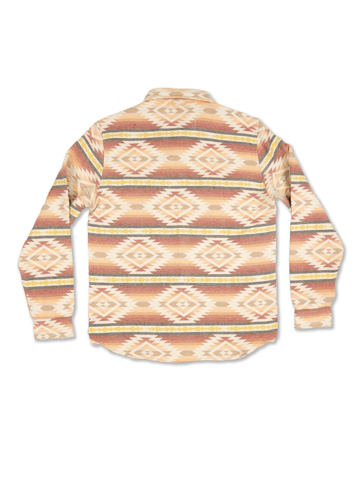 Back view of a long-sleeve shirt with a geometric pattern in earth tones, featuring diamond shapes and horizontal stripes.