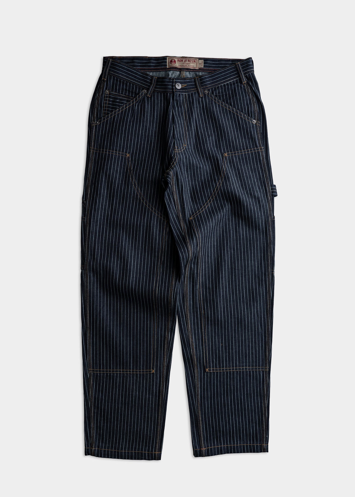 Dark blue pinstripe work pants with multiple pockets and belt loops, laid flat on a white background.