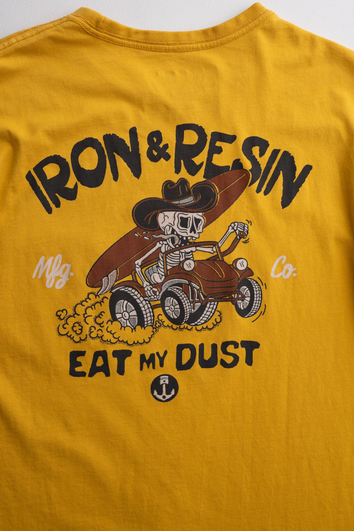 Men’s yellow organic cotton t-shirt with chest pocket, custom graphic print and soft feel, lightweight everyday tee with classic workwear style