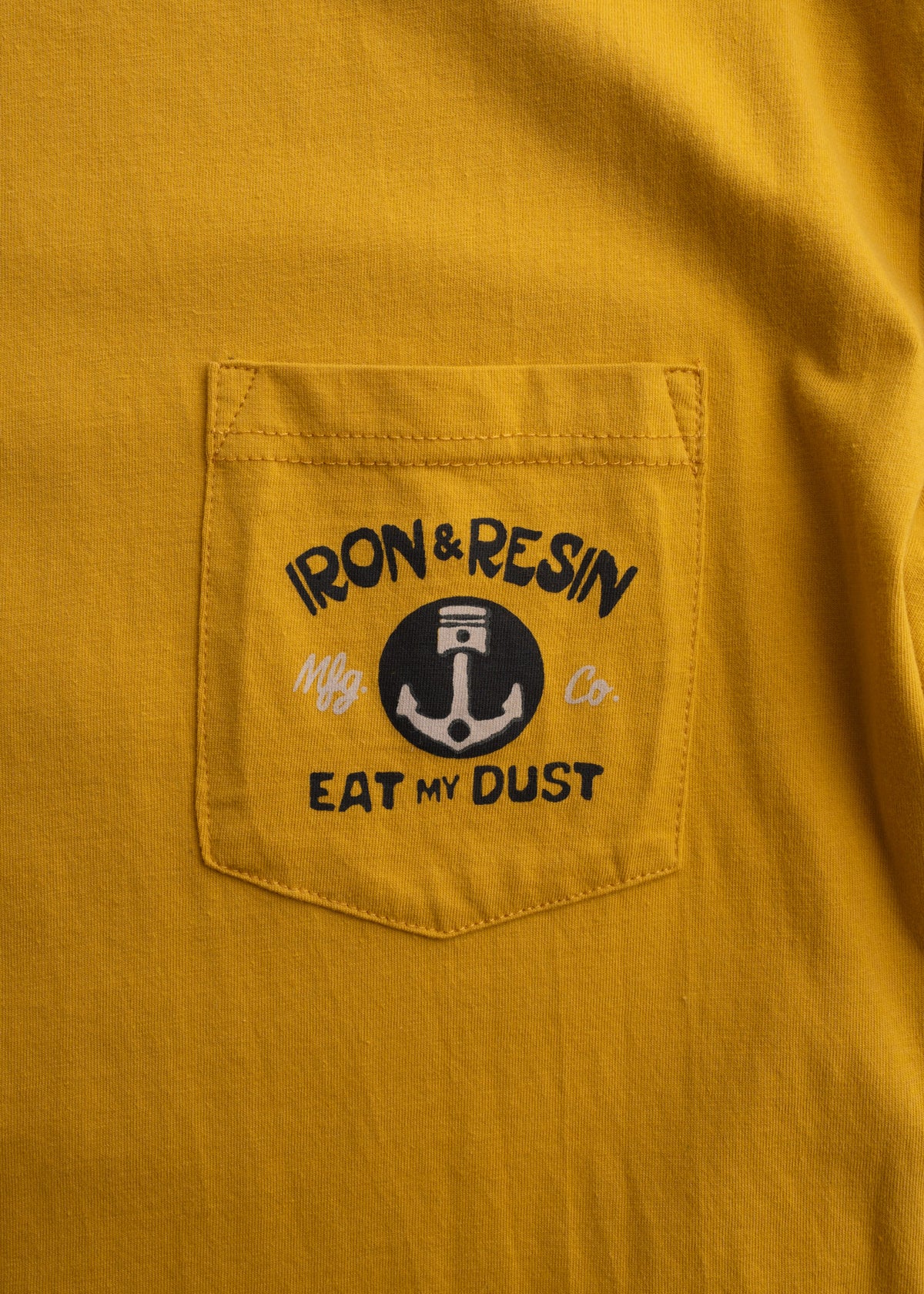 Men’s yellow organic cotton t-shirt with chest pocket, custom graphic print and soft feel, lightweight everyday tee with classic workwear style