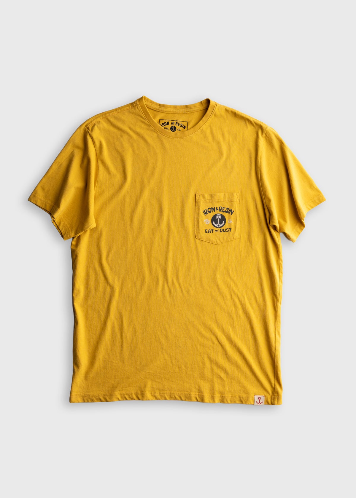 Men’s yellow organic cotton t-shirt with chest pocket, custom graphic print and soft feel, lightweight everyday tee with classic workwear style