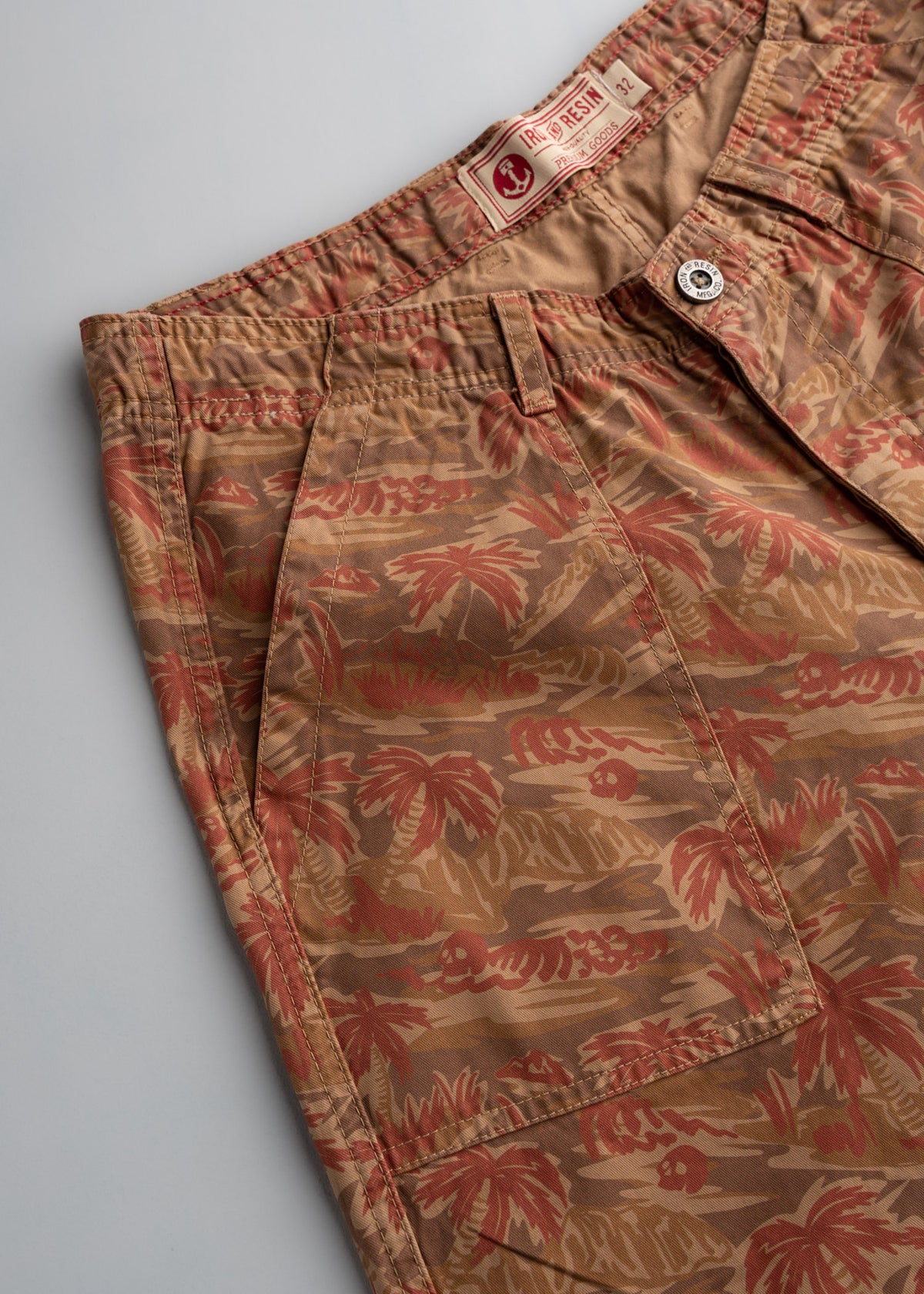Close up of front patch pockets on fatigue pants, highlighting stitching and utility design