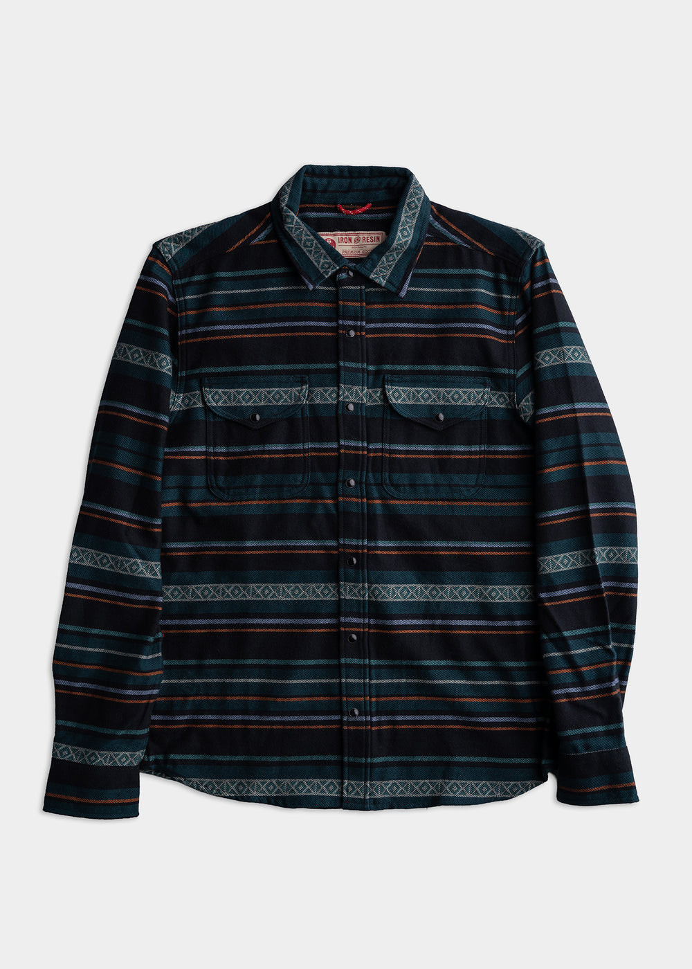 A blue and black striped flannel shirt with buttoned pockets, featuring a geometric pattern, laid flat on a white background.