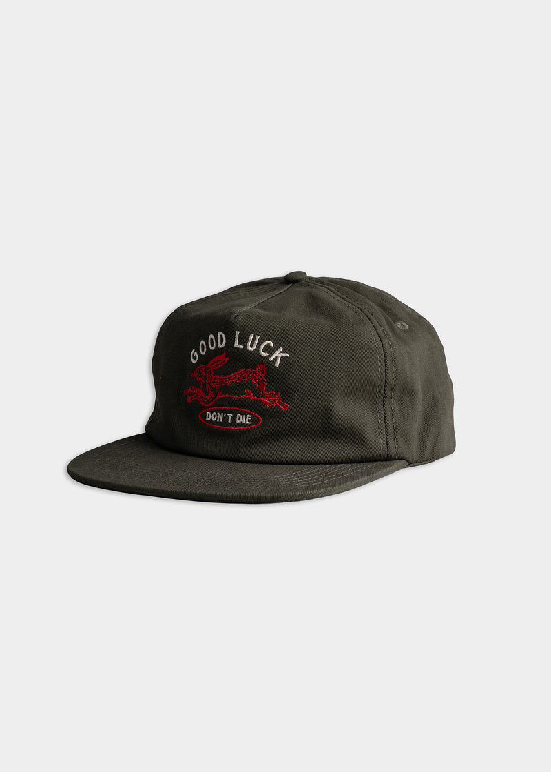 Dark green cap with "GOOD LUCK" and "DON'T DIE" embroidered above a red rabbit design on the front, set against a plain backdrop.